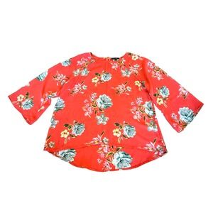 Papermoon Women's 3/4 Sleeve Orange Floral Print Blouse Scoop Neck Casual Medium